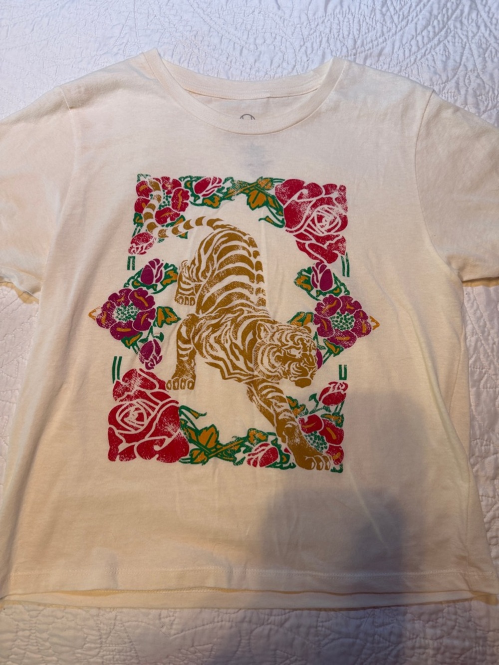 Cream Short Sleeve Tee with Gold Tiger & Floral Graphic